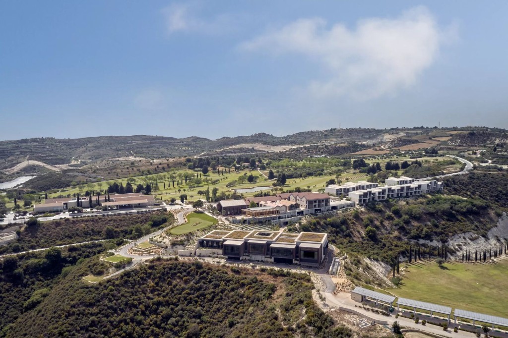 Aerial view of Minthis resort set among the protected hills of Paphos, Cyprus