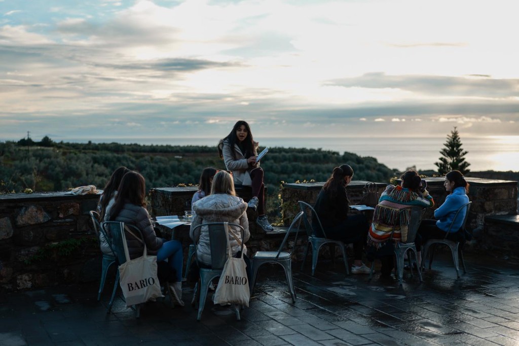 A gathering at sunset overlooking the olive groves